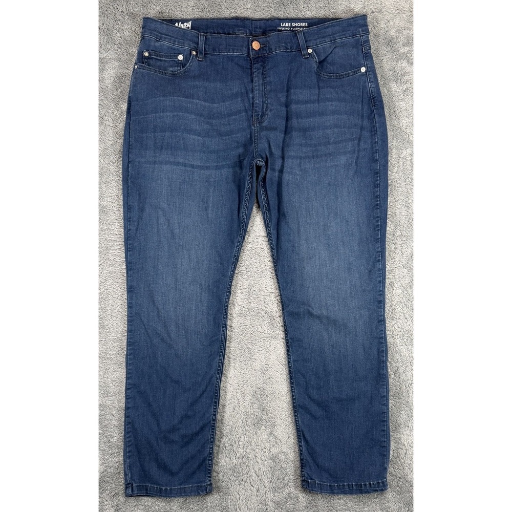Mugsy Lake Shores Jeans Mens 42x30 Blue Denim Stretch Straight Leg Whiskers Fade